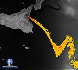 Same eruption of Etna seen by a joint UK-Australian sensor - the Along Track Scanning Radiometer (ATSR) on board the European Space Agency's ERS-2 satellite. The image highlights the volcanic plume against the background of meteorological clouds